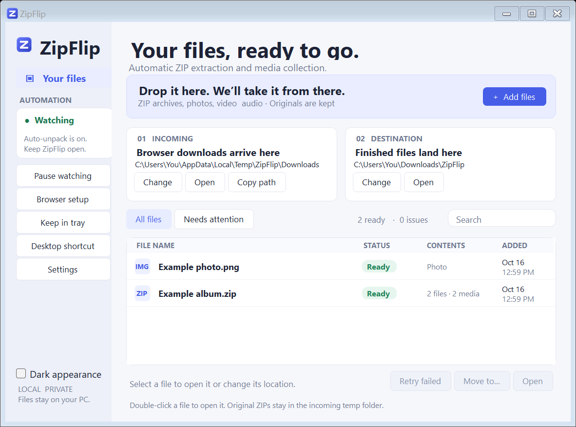 The ZipFlip window showing an incoming downloads folder, a destination folder, and two finished files marked Ready.